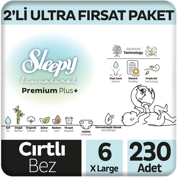 Sleepy Bio Natural Premium Plus 2'li Ultra Fırsat Paketi Bebek Bezi 6 Numara Xlarge 230 Adet