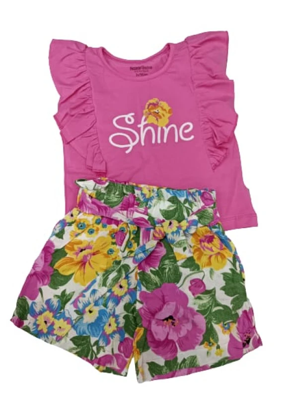 Nazar Baby Shine Yazılı Çiçek Baskılı Şortlu Kız Takım23232