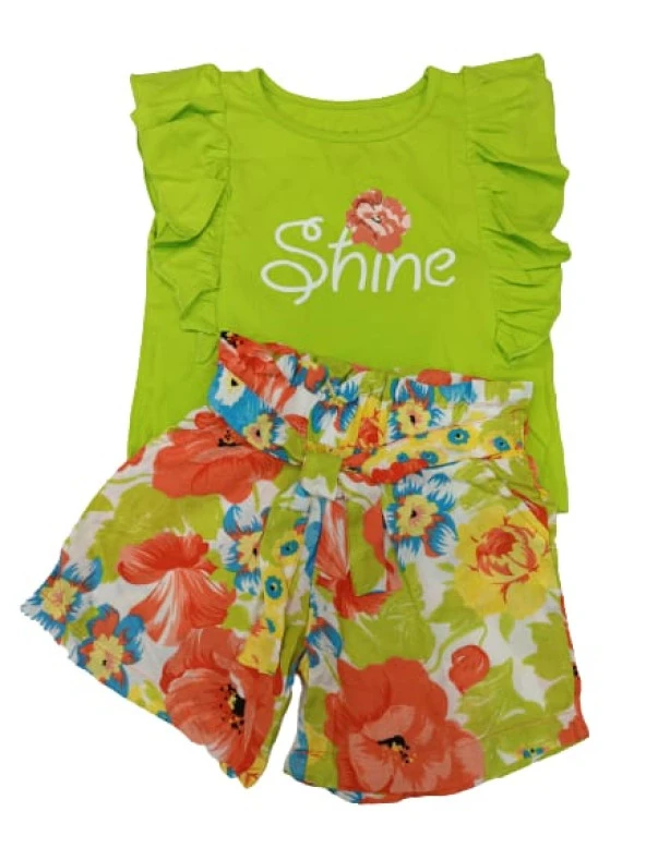 Nazar Baby Shine Yazılı Çiçek Baskılı Şortlu Kız Takım23232 - 2