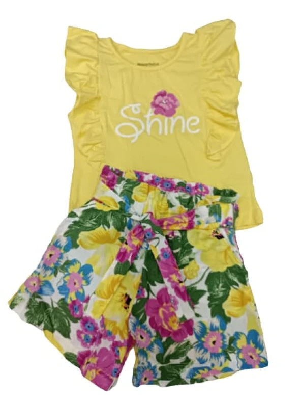 Nazar Baby Shine Yazılı Çiçek Baskılı Şortlu Kız Takım23232 - 3