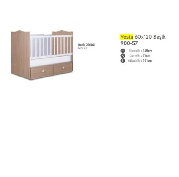 Babyhope Vesta 2 Çekmeceli Beşik 60X120 S.meşe 900-57 Bebek Beşiği - 5