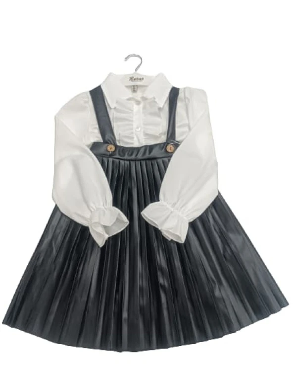 Enfetto Kız Çocuk Elbise Deri Slopet Fırfır Etekli Gömlekli 2524
