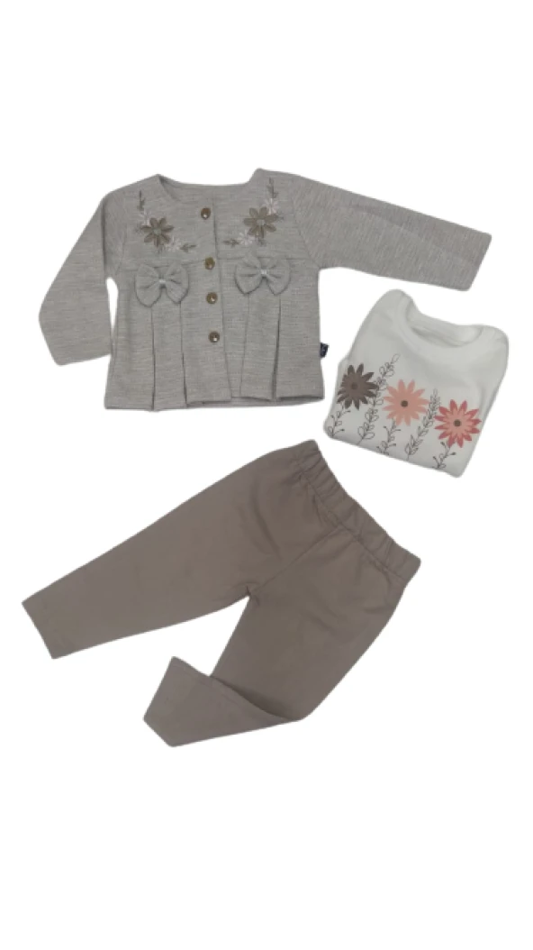 uğurböceğiçocuk Kız Bebek 3'lü Takım Fiyonklu Hırka Simli Kumaş 319 - 5