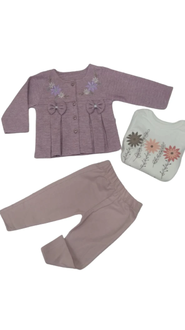 uğurböceğiçocuk Kız Bebek 3'lü Takım Fiyonklu Hırka Simli Kumaş 319 - 10