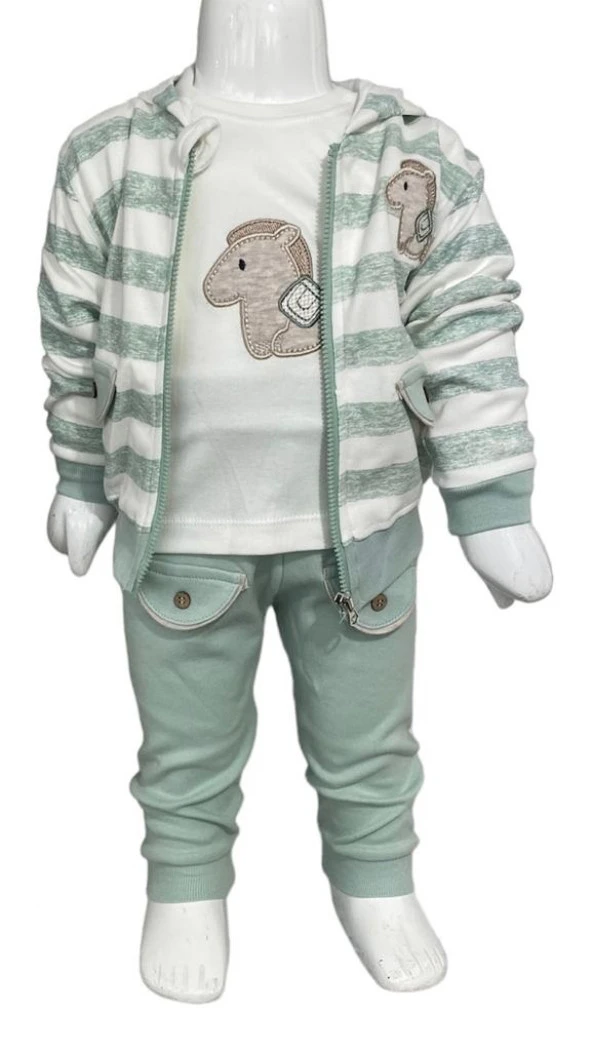 Aziz Bebe 3220 Anımal Desenli Kapşonlu 3lü Takım Bebek Üçlü Takım - 4