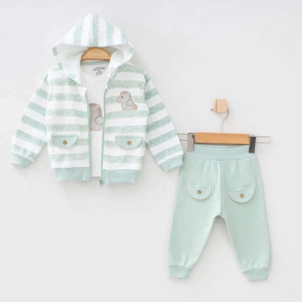 Aziz Bebe 3220 Anımal Desenli Kapşonlu 3lü Takım Bebek Üçlü Takım - 6