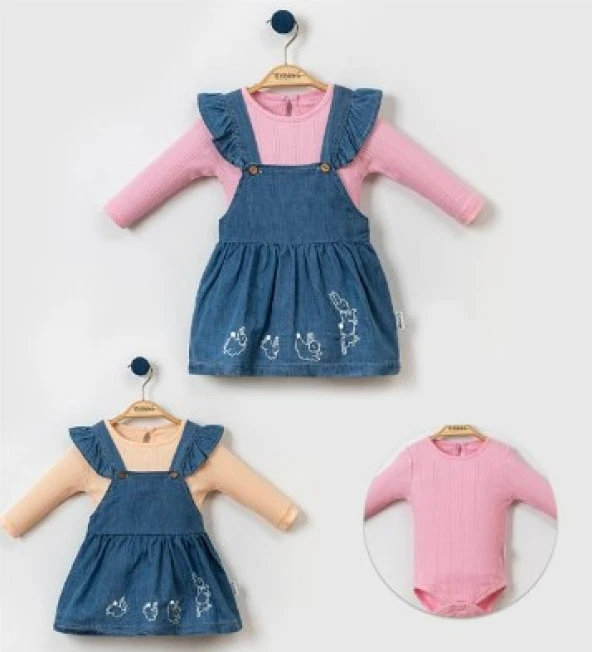 Necix Kız Bebek Tavşan Nakışlı Kot Slopet Elbise 231025