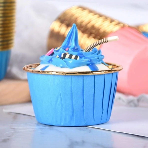 Dolphin Muffin Kağıt Karton Altın Mavi Cupcake Kek Kalıbı Kapsülü Kabı - 25 Adetlik 10 Paket - 3