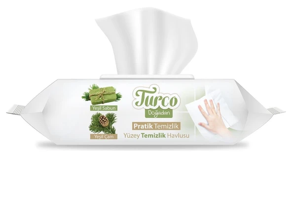 Turco Doğadan Pratik Yüzey Temizlik Havlusu 100 Yaprak Yeşil Sabun/Yeşil Çam Plastik Kapaklı
