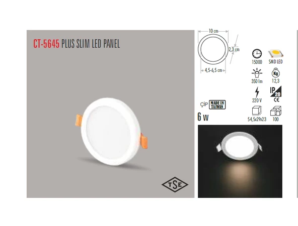 CT-5645 6W/3200K PLUS LED PANEL ARMATÜR(G.IŞIĞI-12ADET) CATA