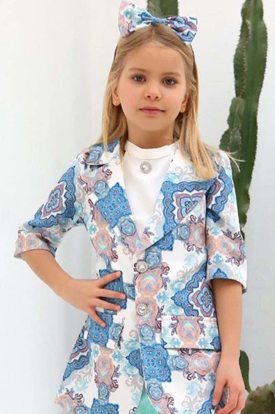 Kız Çocuk Şal Desenli Turkuaz Alt Üst Takım - Resim 3