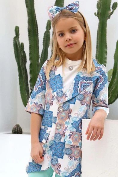 Kız Çocuk Şal Desenli Turkuaz Alt Üst Takım - Resim 2