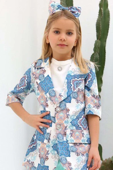 Kız Çocuk Şal Desenli Turkuaz Alt Üst Takım - Resim 8