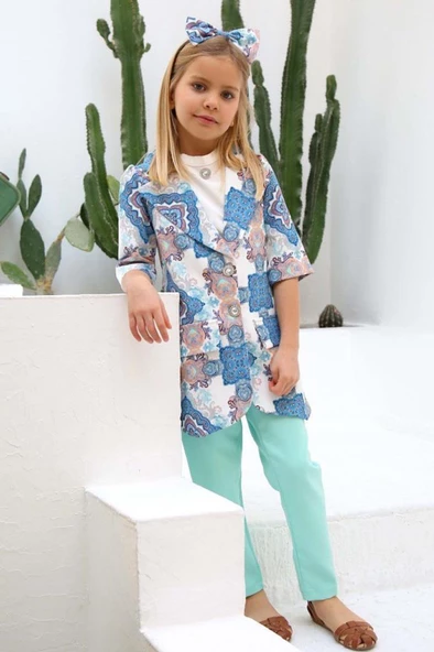 Kız Çocuk Şal Desenli Turkuaz Alt Üst Takım - Resim 4