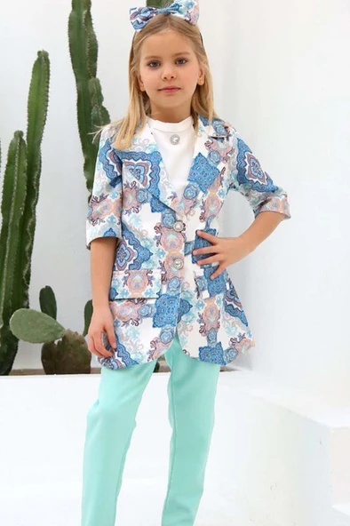 Kız Çocuk Şal Desenli Turkuaz Alt Üst Takım - Resim 6