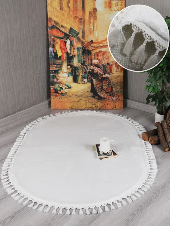 My Evilla Modern Dekoratif Kaymaz Taban Rabbit Oval Örgü Saçaklı