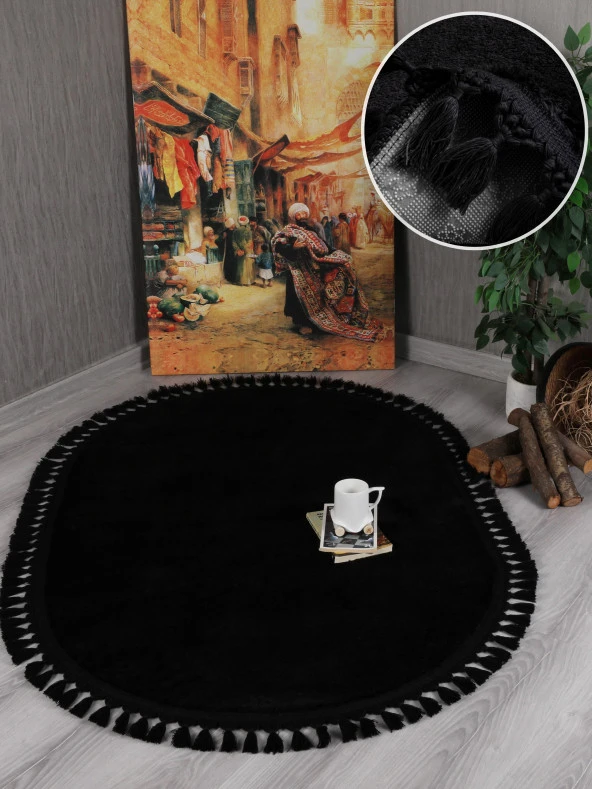 My Evilla Modern Dekoratif Kaymaz Taban Rabbit Oval Örgü Saçaklı - 4