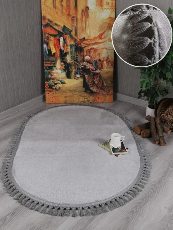 My Evilla Modern Dekoratif Kaymaz Taban Rabbit Oval Örgü Saçaklı - 10