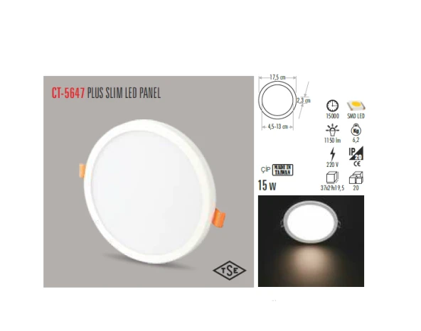 CT-5647 15W/3200K PLUS LED PANEL ARMATÜR(G.IŞIĞI-6ADET) CATA