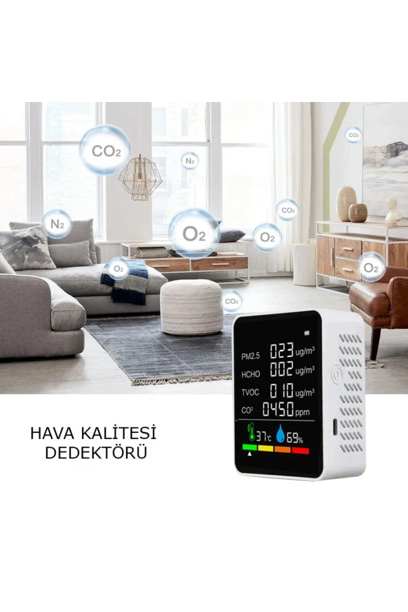 TechTic  Dijital Hava Kalite Ölçüm Cihazı Sıcaklık Nem Karbondioksit Hava Dedektörü 5in1 Termostat - Resim 2