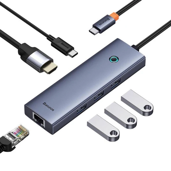 Baseus PD 100W Type-C to Dönüştürücü Hub Type-C to HDMI4K@60Hz 3*USB3.0  1.000 Mbps RJ45 Girişli Hub