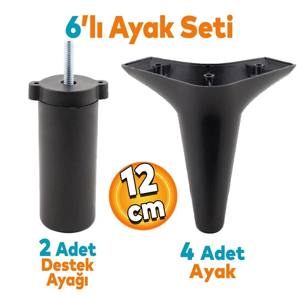 Aspen 6'lı Set Mobilya Tv Ünitesi Çekyat Koltuk Kanepe Baza Destek Ayağı Ayakları 12 Cm Siyah M8