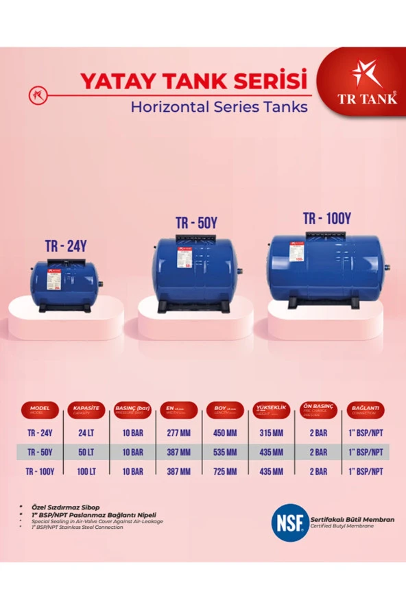 Trtank Profesyonel 50 Litre Yatay Ayaklı Nsf Membranlı Hidrofor Genleşme Tankı - Resim 2