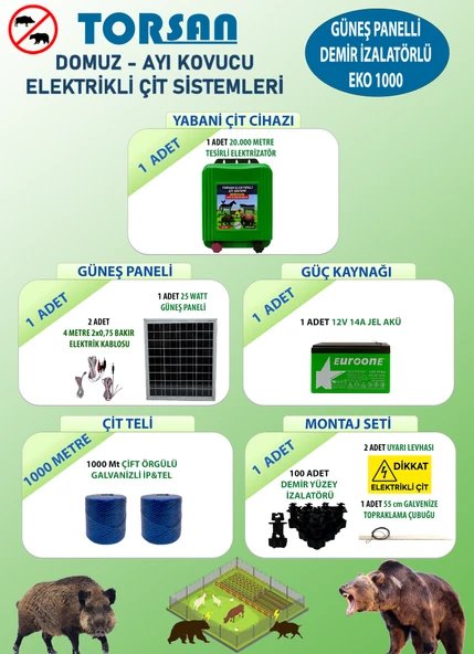 TORSAN GÜNEŞ PANELLİ EKO PLUS 1000 Elektrikli Çit Sistemi ( Domuz - Ayı Kovucu ) 1000MT
