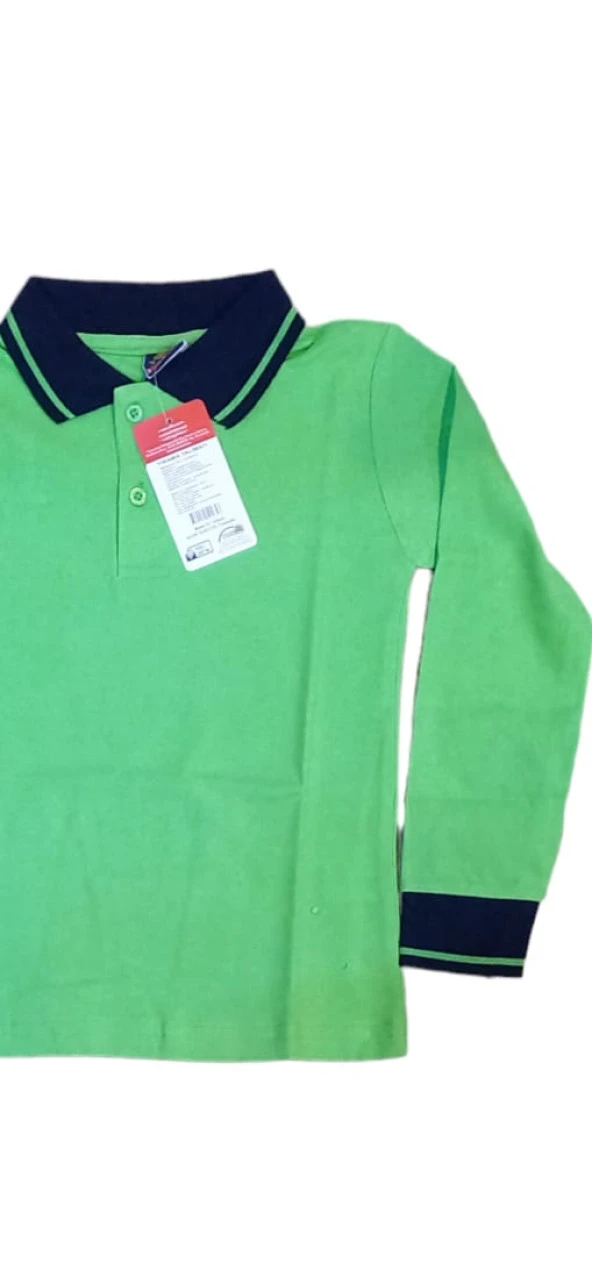 uzun Kol Okul Lakos Tişört/T-Shirt - Lakos kumaş yeşil çızgi yaka