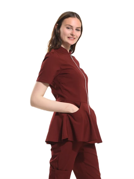 AZELIA - Kadın Likralı Bordo Üniforma Üst - Resim 2