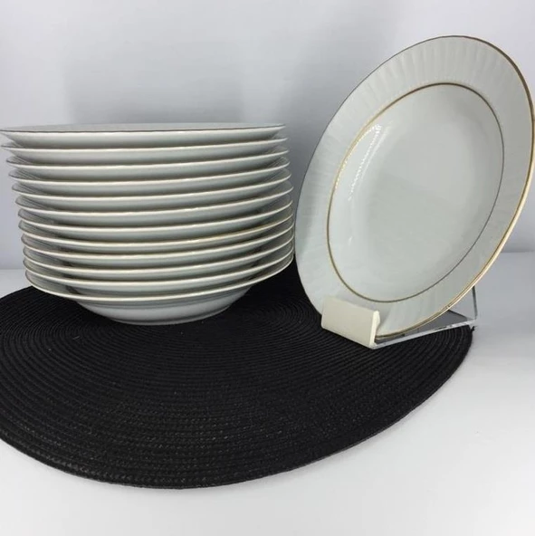 Güral Porselen Sedef Altın Yaldızlı 22 cm Çukur Yemek Tabak 12 Adet