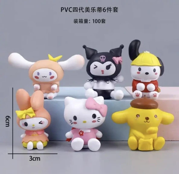 Kuromi My Melody Cinnamoroll Pochacco Pompompurin Hello Kitty 6 Parça Figür Seti