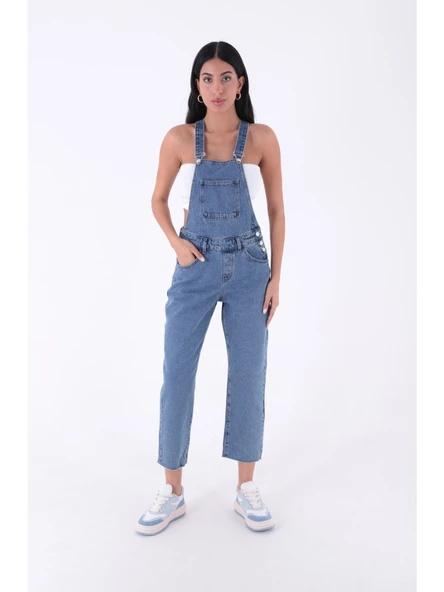 Yanları Düğme Detaylı Dekoratif Cepli Astarsız Mom Fit Kadın Kot Tulum Orta Mavi Denim Dört Mevsim - 3