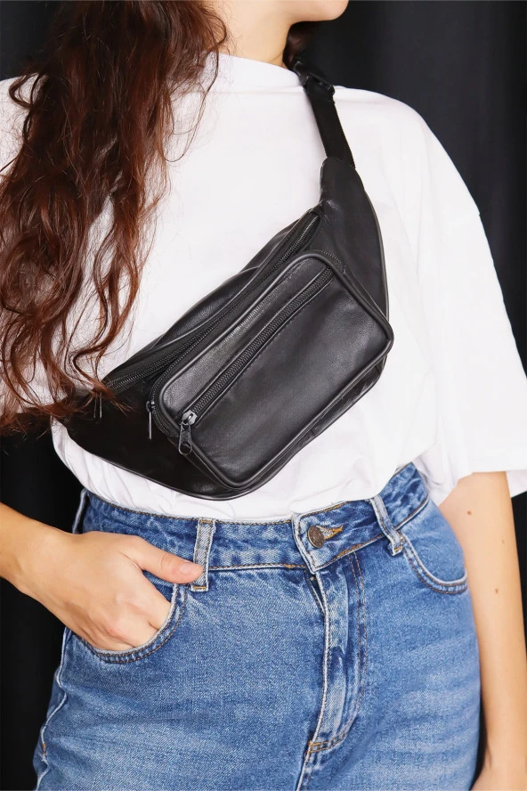 Unisex Ayarlanabilir Askılı Fermuarlı Deri Omuz Göğüs Ve Bel Çantası - 2