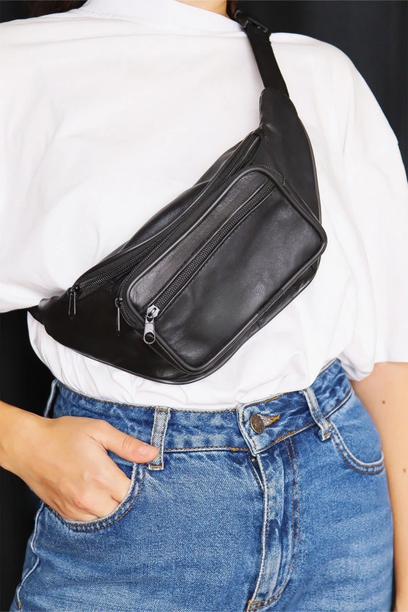Unisex Ayarlanabilir Askılı Fermuarlı Deri Omuz Göğüs Ve Bel Çantası - 3