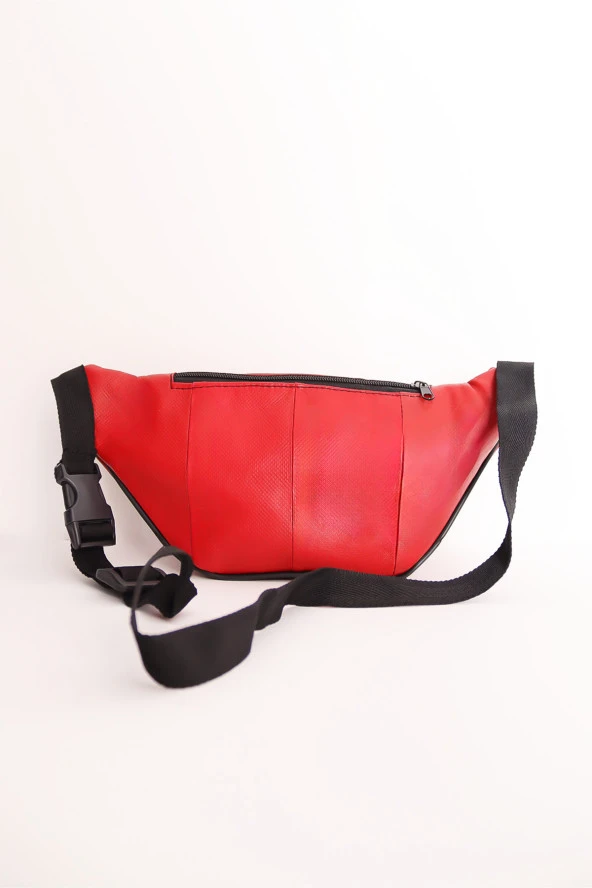 Unisex Ayarlanabilir Askılı Fermuarlı Kırmızı Deri Omuz Göğüs Ve Bel Çantası - 2