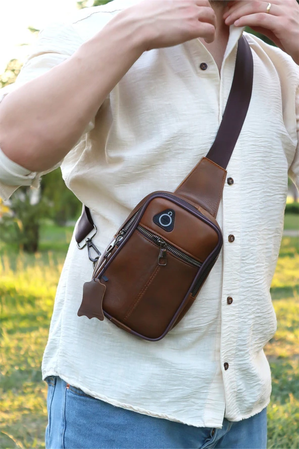 Kahverengi Deri Omuz Göğüs Çapraz Çanta Ve Siyah Siyah Bel Çantası Set - 3