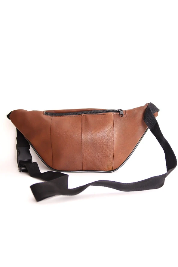 Unisex Ayarlanabilir Askılı Fermuarlı Kahverengi Deri Omuz Göğüs Ve Bel Çantası - 2