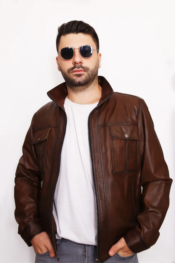 Erkek Kahverengi Fermuarlı Hakiki Deri Ceket - 2