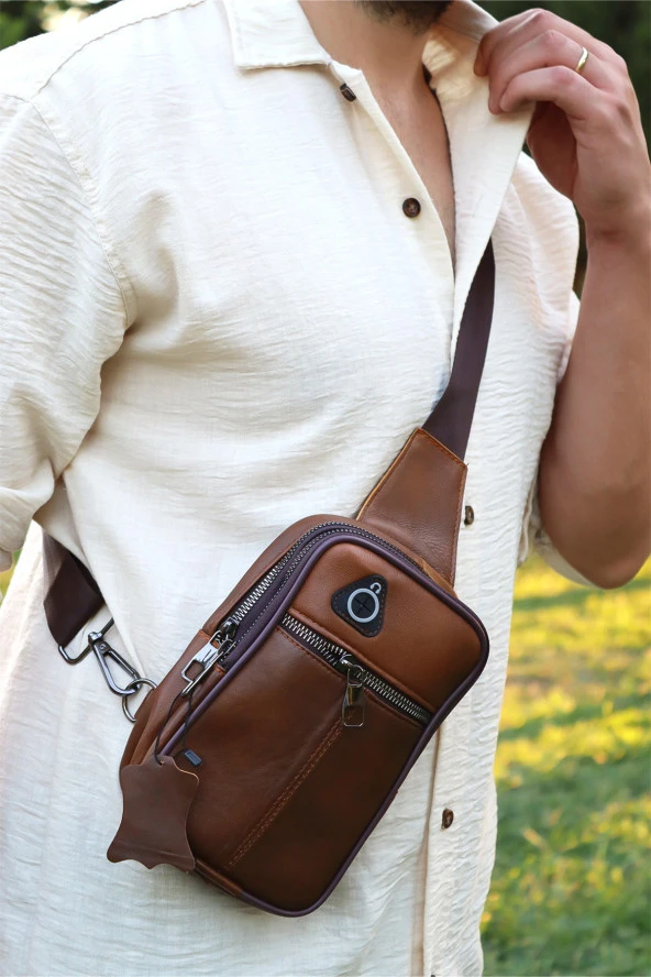 Kahverengi Deri Omuz Göğüs Çapraz Çanta Ve Siyah Siyah Bel Çantası Set - 4