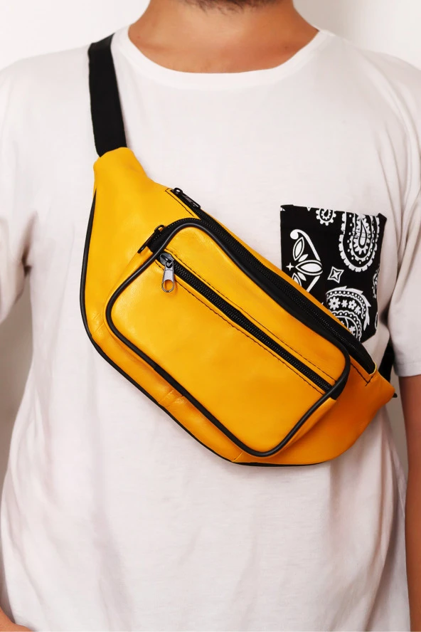 Unisex Ayarlanabilir Askılı Fermuarlı Sarı Deri Omuz Göğüs Ve Bel Çantası - 3