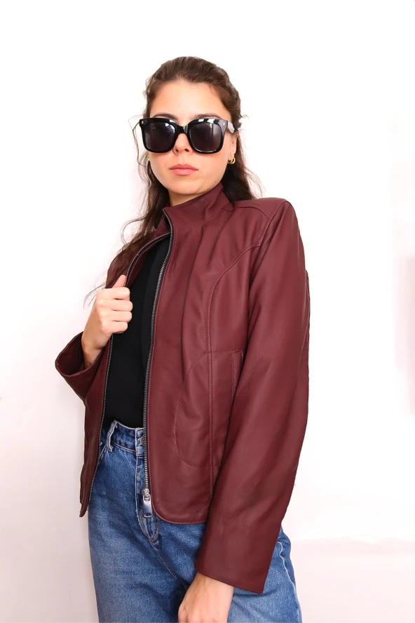 Kadın Bordo Fermuarlı Hakiki Deri Ceket - 2