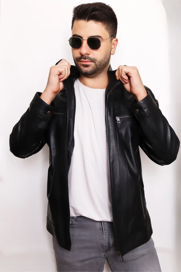 Erkek Siyah Fermuarlı Hakiki Deri Ceket - 2