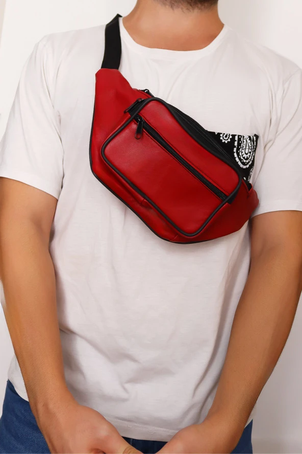 Unisex Ayarlanabilir Askılı Fermuarlı Kırmızı Deri Omuz Göğüs Ve Bel Çantası - 4