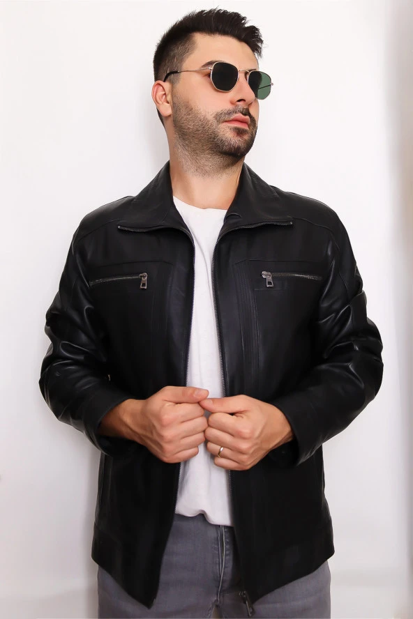 Erkek Siyah Fermuarlı Hakiki Deri Ceket - 3