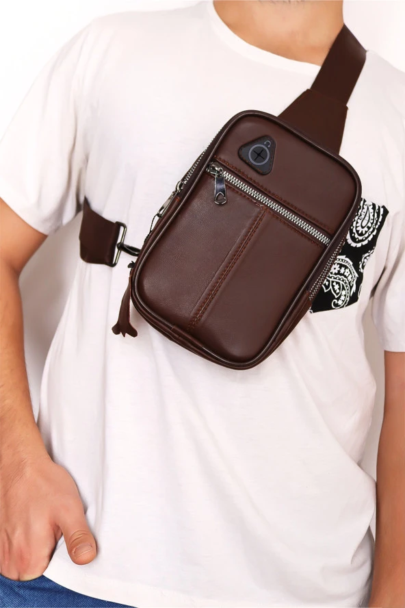 Erkek Kahverengi Kulaklık Çıkışlı Ayarlanabilir Askılı Deri Omuz Göğüs Ve Çapraz Çanta - 2