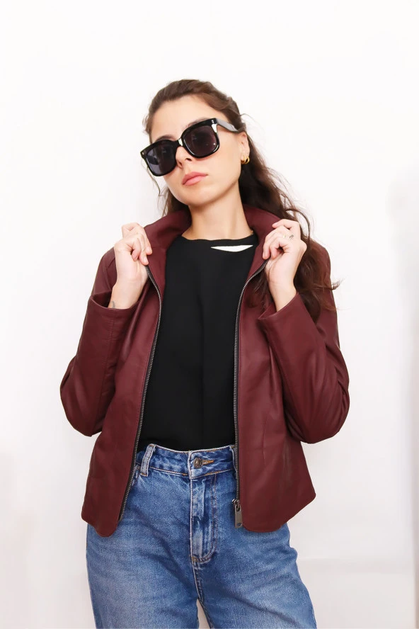 Kadın Bordo Fermuarlı Hakiki Deri Ceket - 4