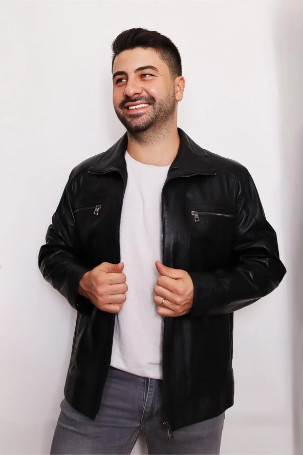 Erkek Siyah Fermuarlı Hakiki Deri Ceket - 4