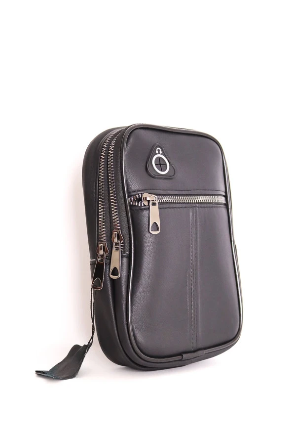 Erkek Siyah Kulaklık Çıkışlı Ayarlanabilir Askılı Deri Omuz Göğüs Ve Çapraz Çanta - 5