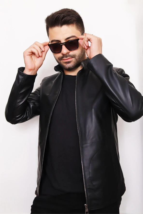 Erkek Siyah Fermuarlı Hakiki Deri Ceket - 4